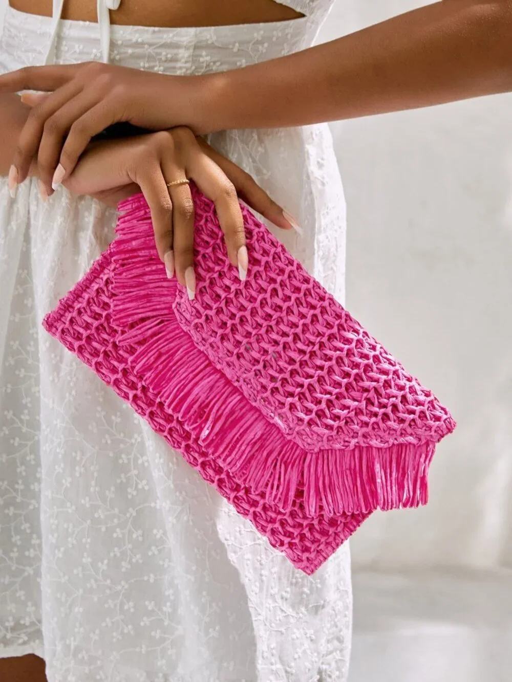 Hot Pink Straw Woven Women's Vacation Bag with Fringe Flap